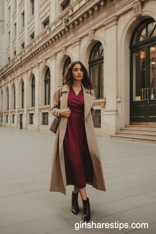 Sand Trench over Burgundy Midi Dress