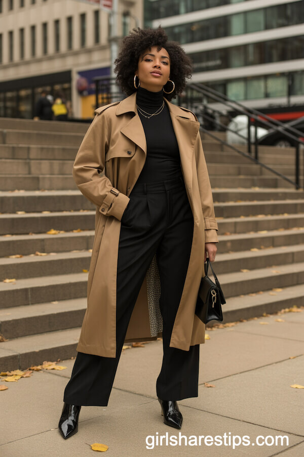 Camel Trench with Black Turtleneck and Trousers
