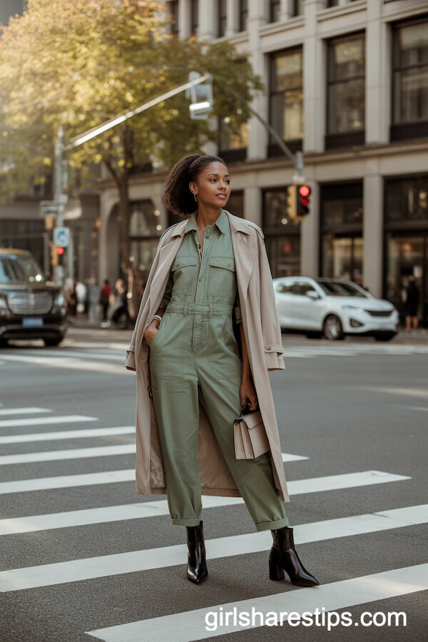 Beige Trench over Utility Jumpsuit