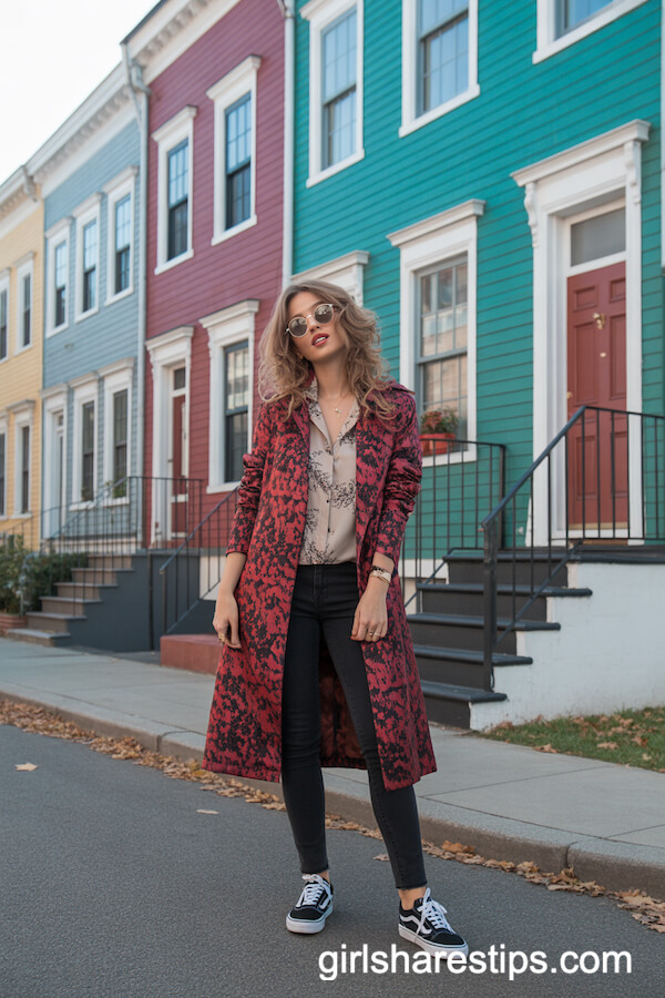 Printed Statement Trench with Skinny Jeans