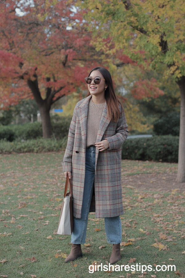 Plaid Trench with Knit Sweater and Jeans