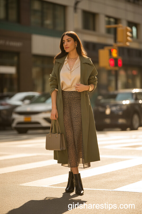 Olive Trench with Printed Midi Skirt