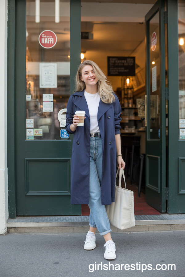 Navy Trench with Boyfriend Jeans and Sneakers