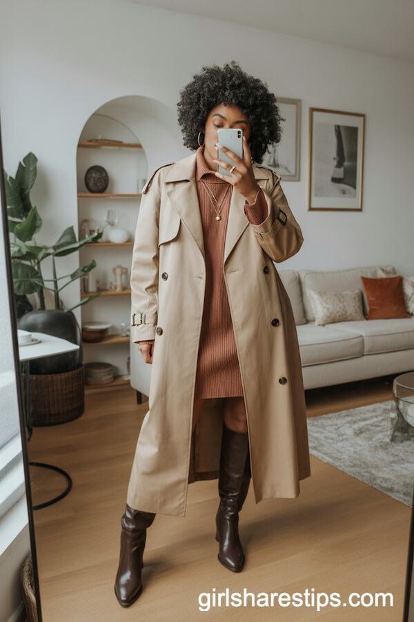 Beige Trench over Rust Sweater Dress