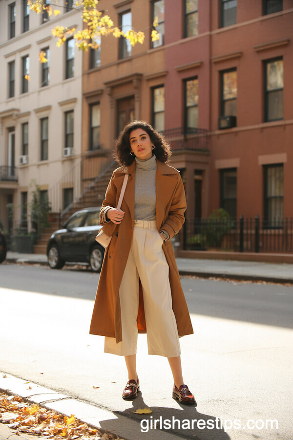 Caramel Trench with Grey Turtleneck and Culottes