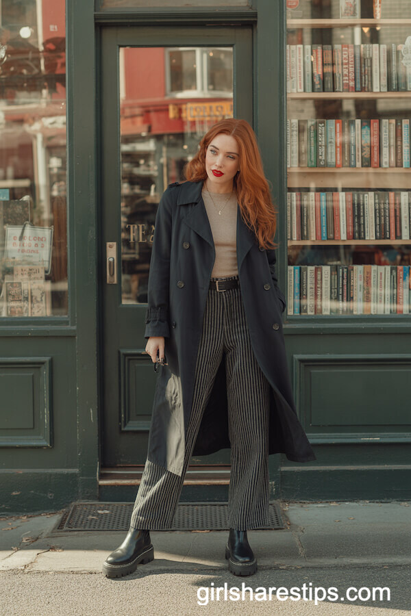 Double-Breasted Trench with Striped Trousers