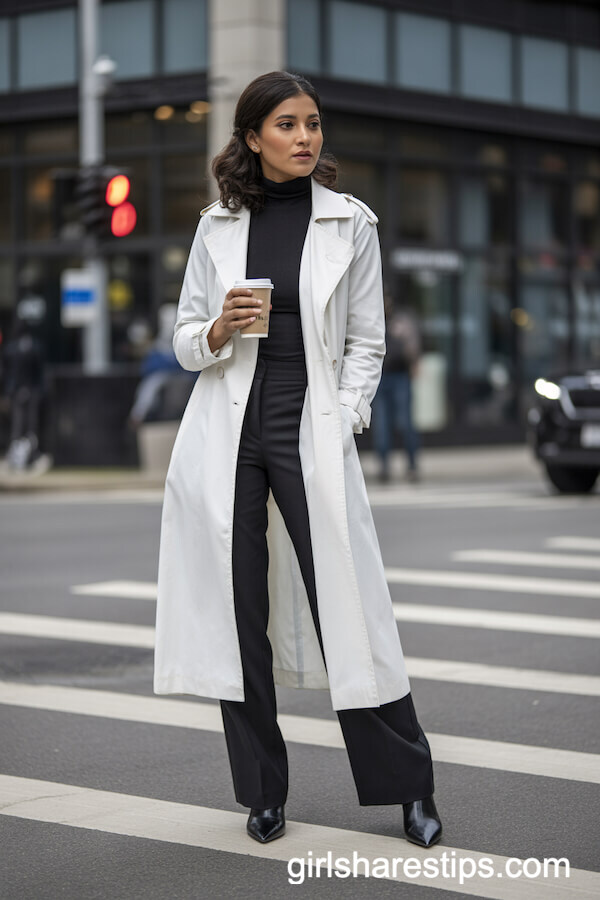 White Trench over All-Black Outfit