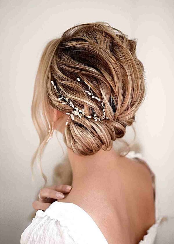 Low Chignon with Pearl Hairpiece