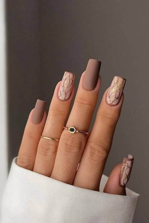 Fall Matte Brown Nails with Gold Leaf Accents