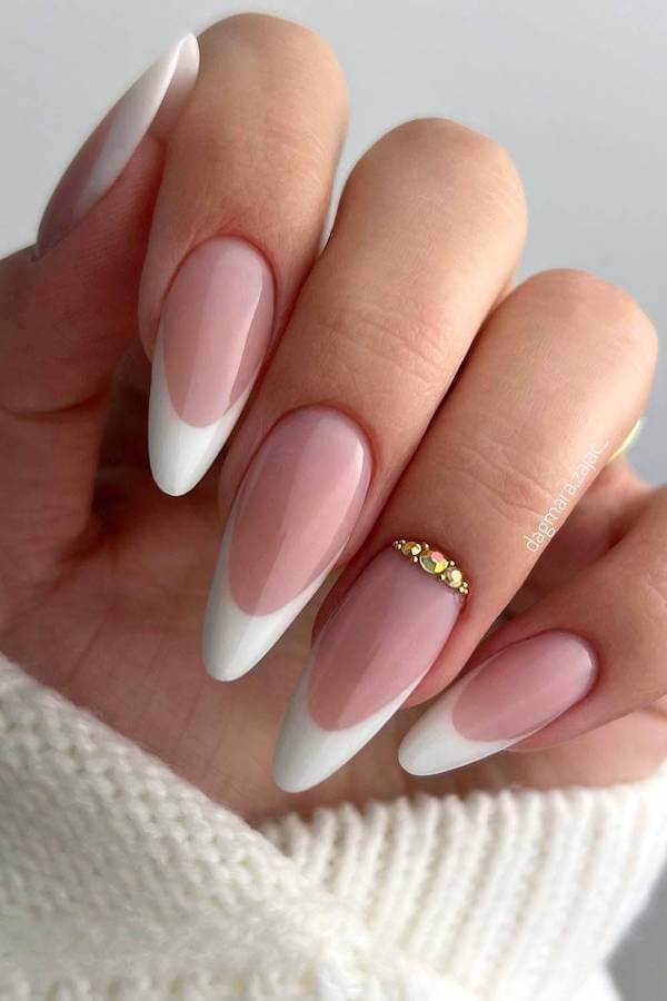 Classic French Tips with Rhinestone Accent
