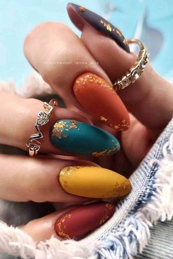 Matte Autumn Color Nails with Gold Foil