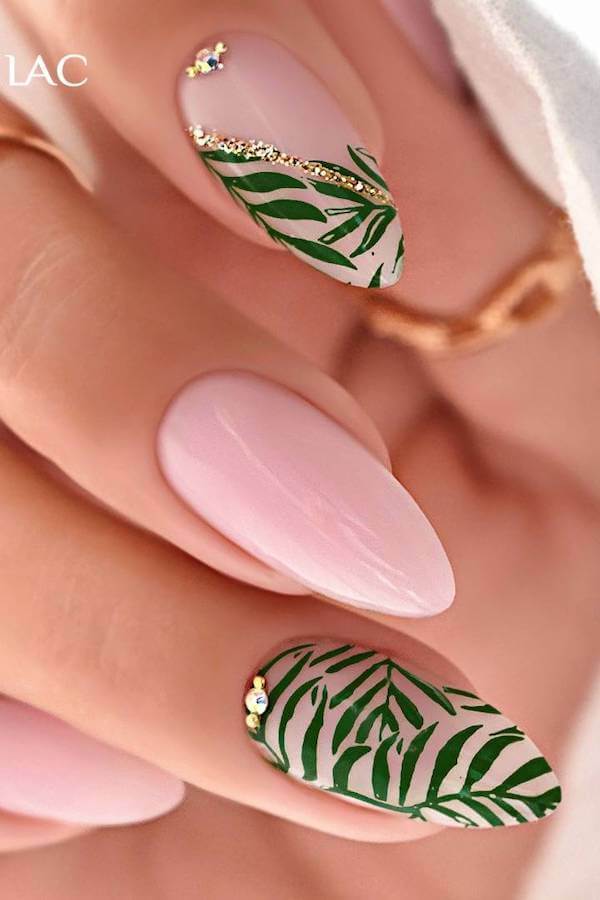 Pink Nails with Green Leaf Art and Rhinestones