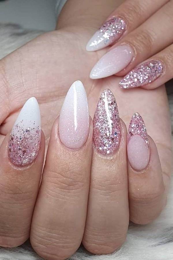 Pink and White Ombre Nails with Rose Gold Glitter