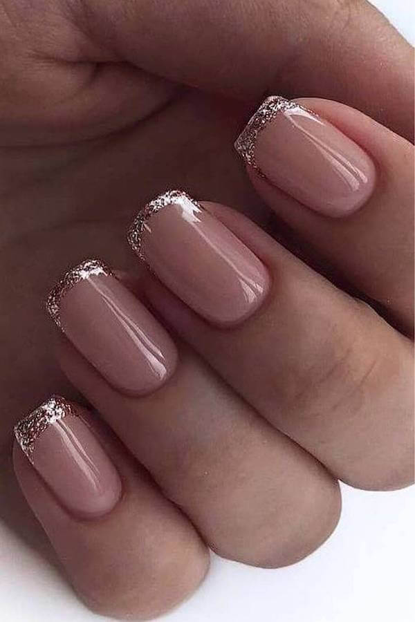 Nude Nails with Rose Gold Glitter Tips