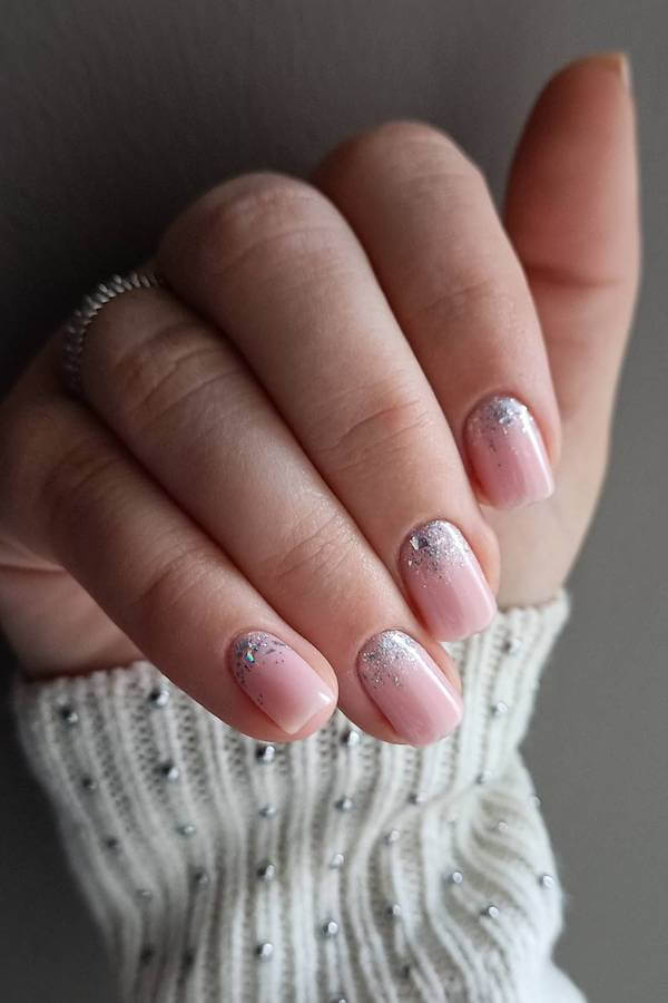 Nude Nails with Silver Glitter Ombre