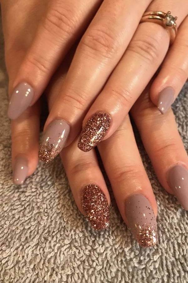 Mauve Nails with Copper Glitter Tips