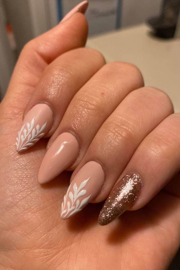 Nude Nails with White Leaf Art and Rose Gold Accent