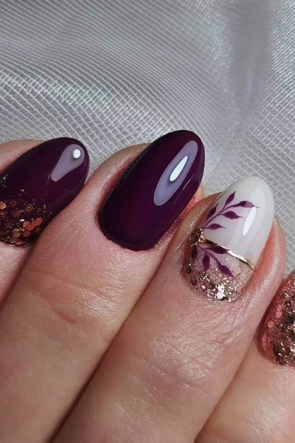 Plum and White Fall Leaf Nail Design