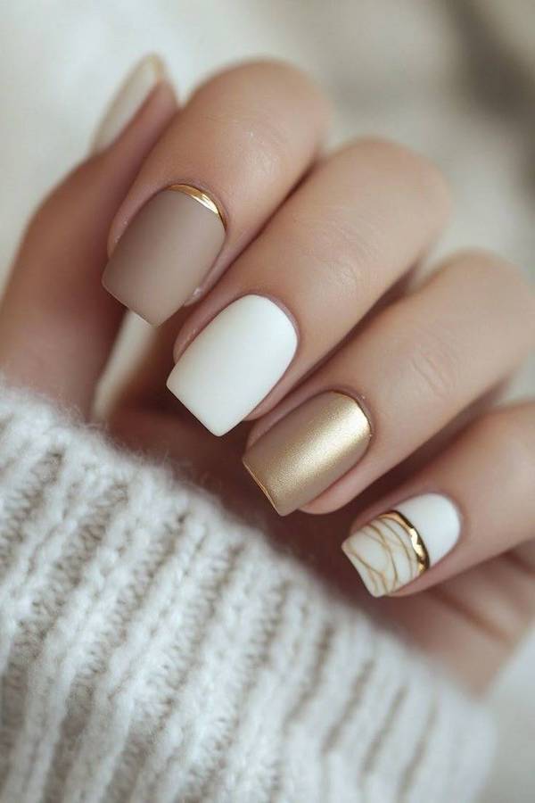 Matte Neutral and Gold Nail Design
