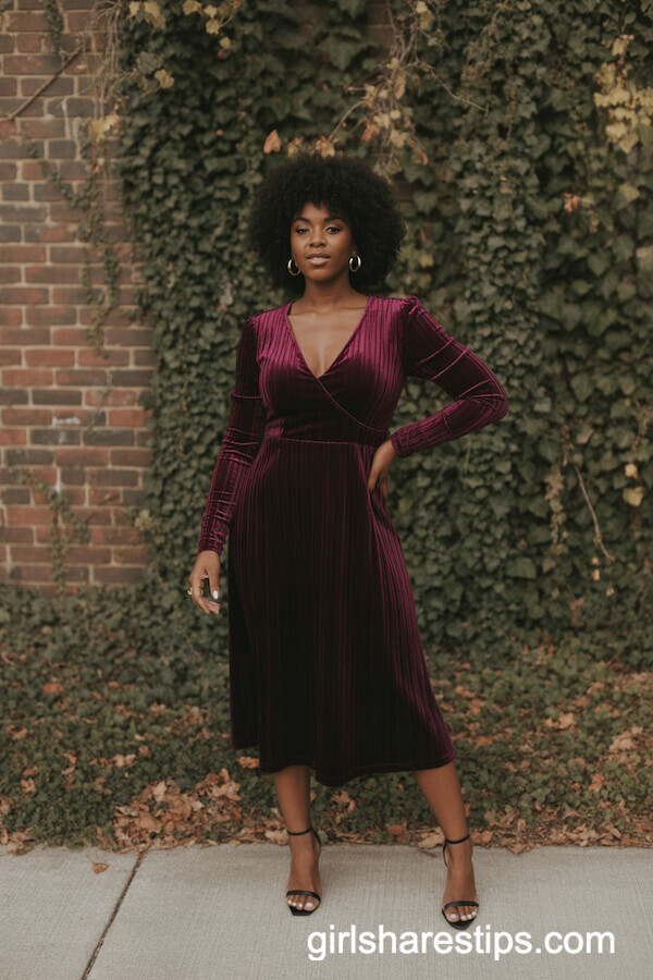 Deep Burgundy Velvet Midi Dress with Heels