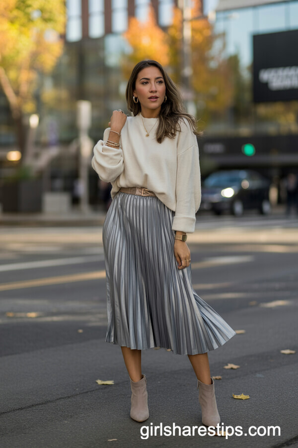 Silver Pleated Midi Skirt Cream Cashmere Sweater