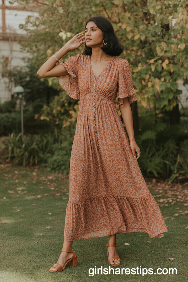 Burnt Orange Floral Maxi Dress with Tan Sandals