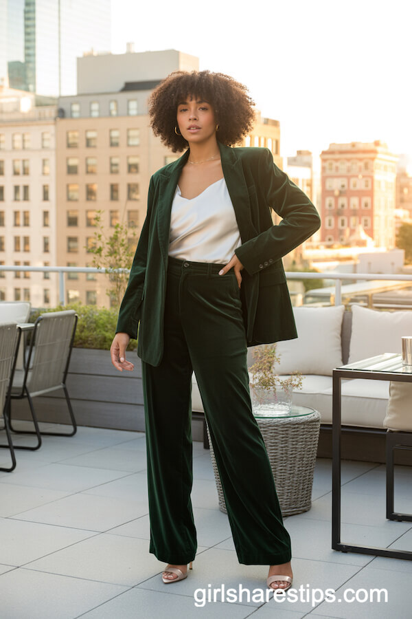 Forest Green Velvet Suit with White Camisole