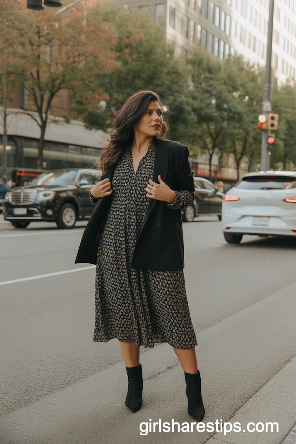 Patterned Midi Dress with Black Blazer and Suede Boots