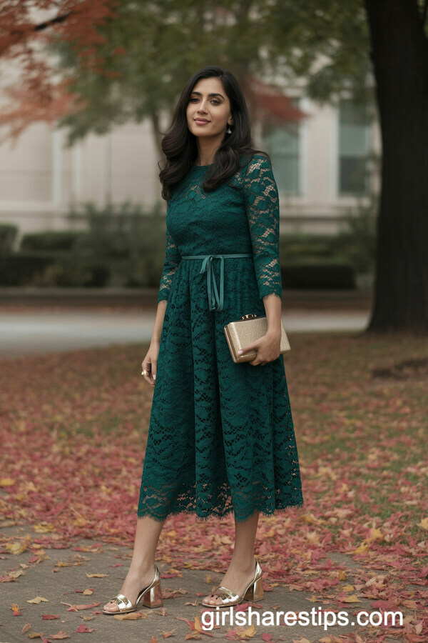 Emerald Green Lace Dress with Gold Block Heels