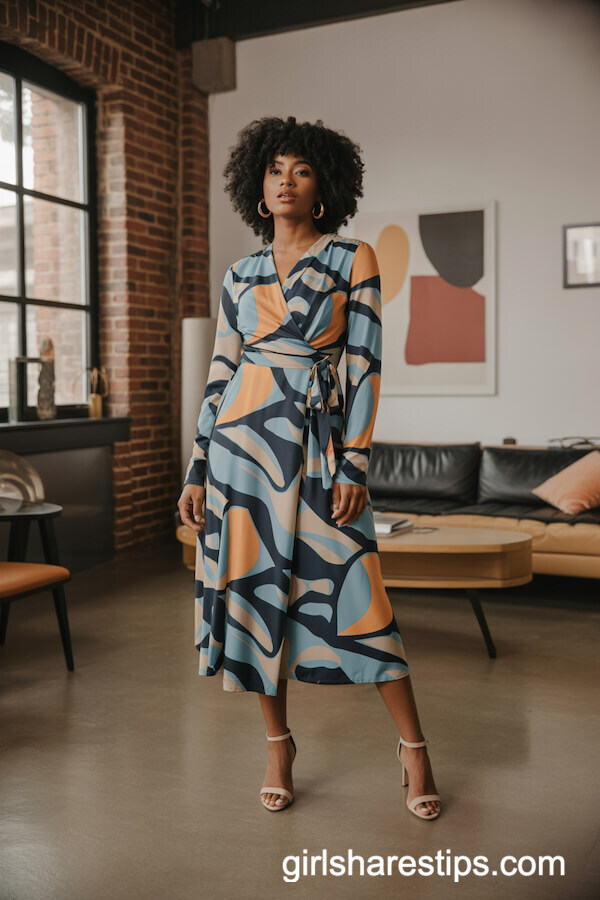 Abstract-Print Wrap Dress with Ankle-Strap Heels