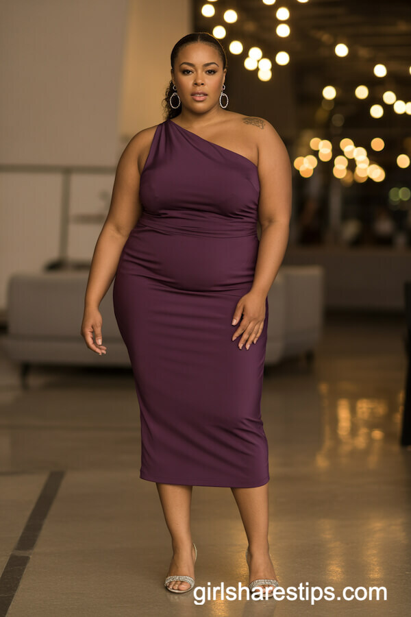 Plum One-Shoulder Midi Dress with Stilettos