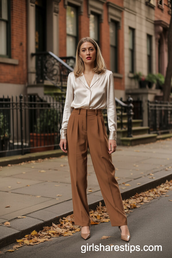 High-Waisted Caramel Trousers with Silky White Blouse