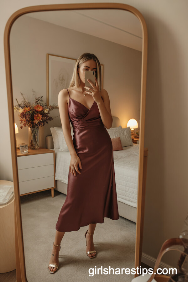 Wine-Colored Satin Midi Dress and Nude Sandals