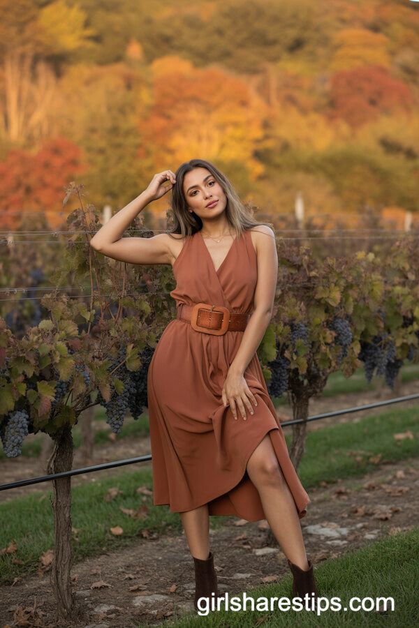 Rust-Colored Midi Dress with Chunky Belt and Ankle Boots