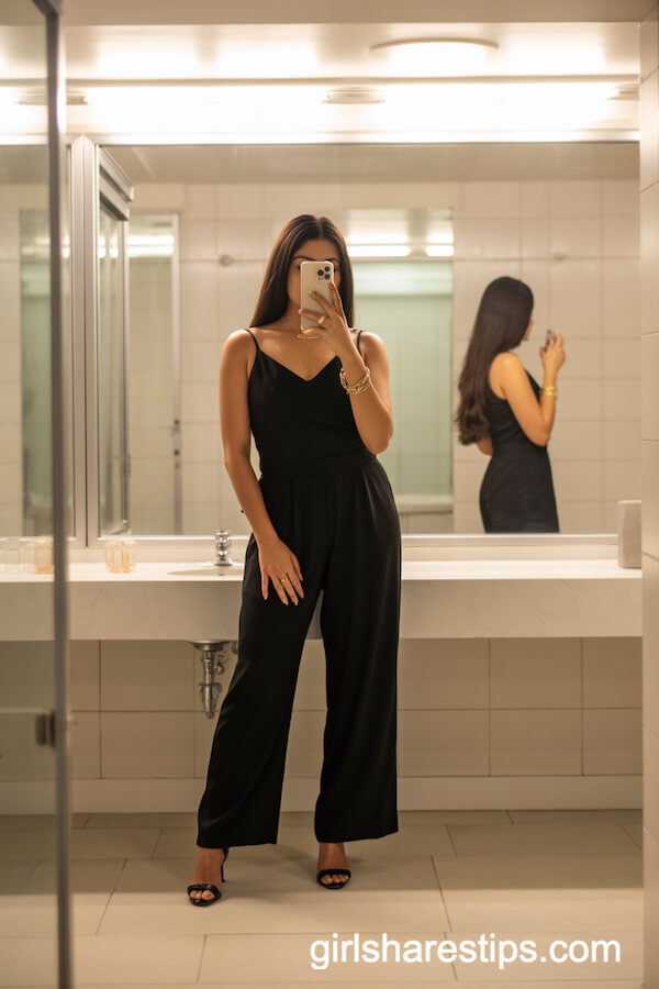 Sleeveless Black Jumpsuit with Gold Bracelet