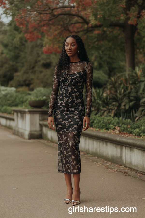 Fitted Mesh Midi Dress with Floral Print and Metallic Heels