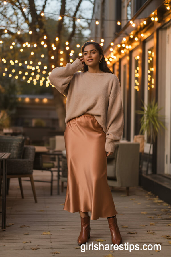 Copper Satin Slip Skirt Oversized Beige Sweater