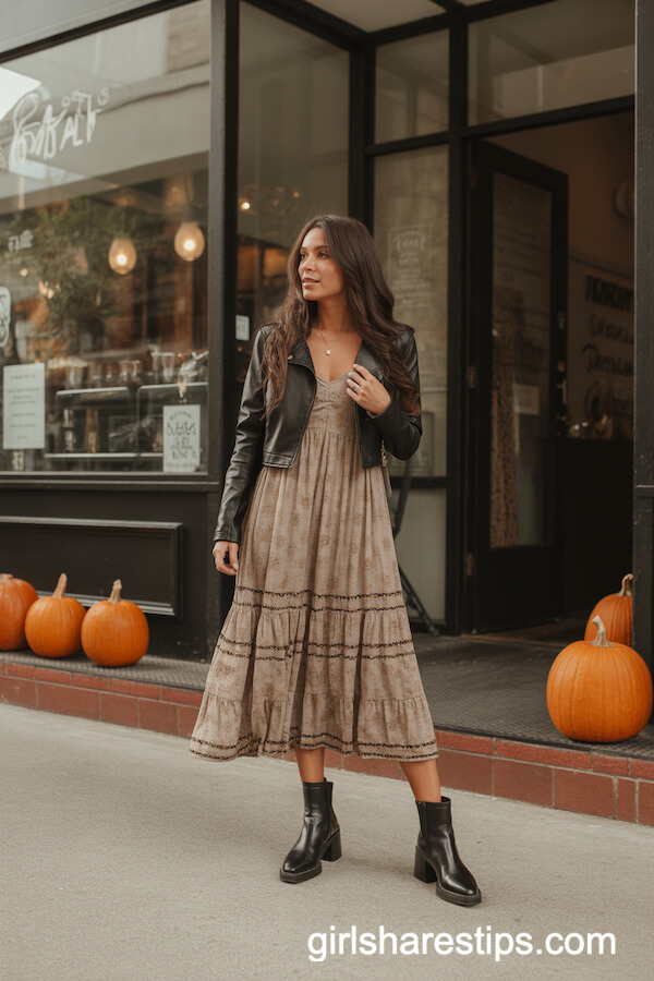 Flowy Boho Dress with Cropped Leather Jacket and Boots