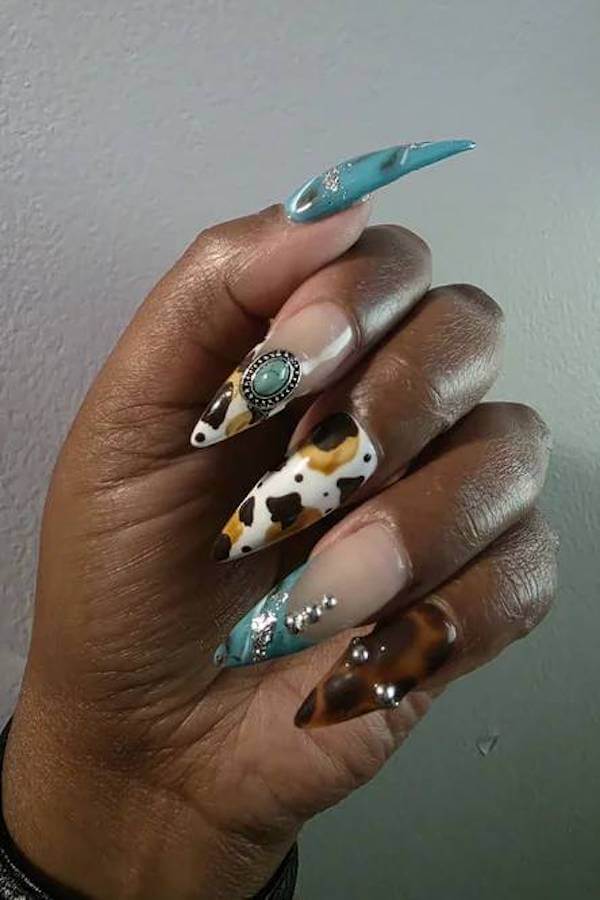 Turquoise and Cow Print Western Nails