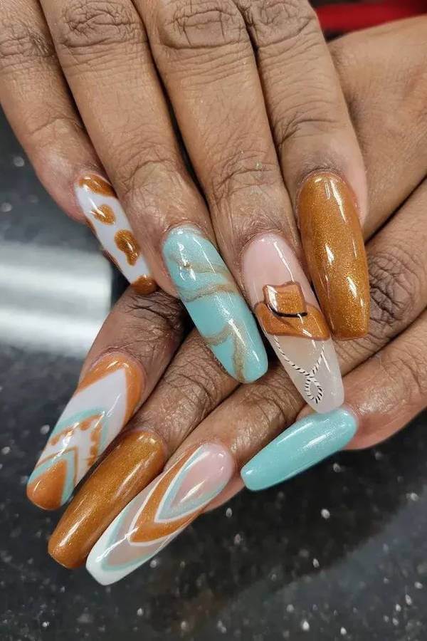 Blue and Bronze Southwestern Nails