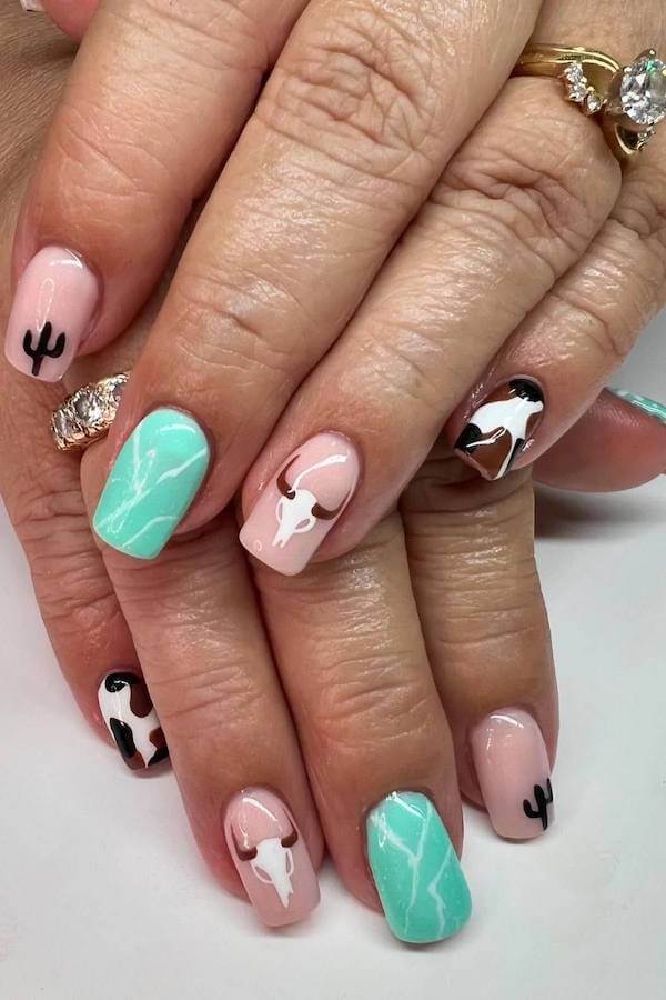 Turquoise Marble and Cow Print Western Nails