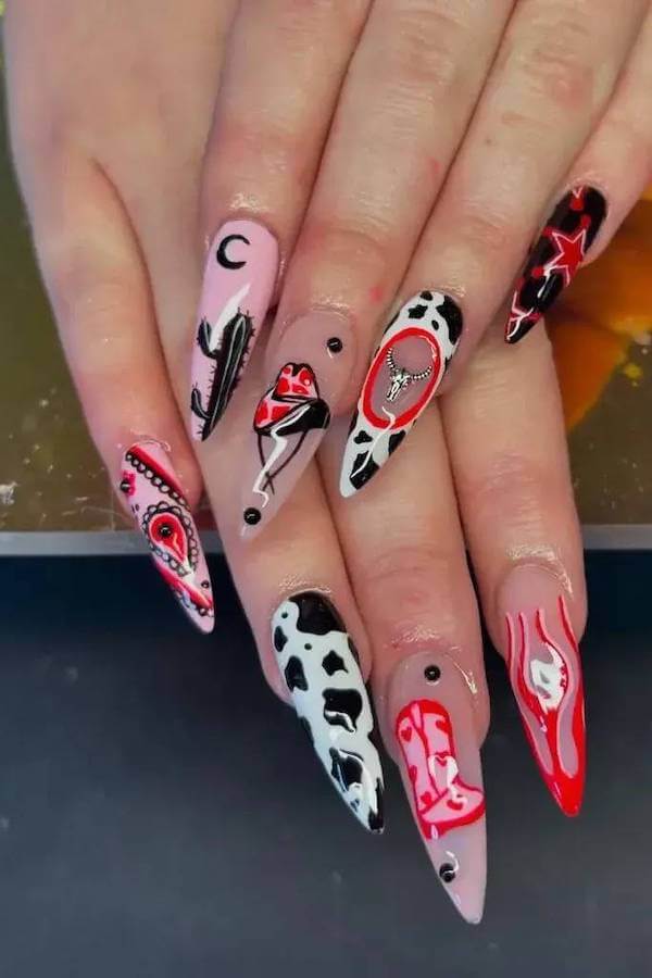 Bold Red and Black Western Cowgirl Nails