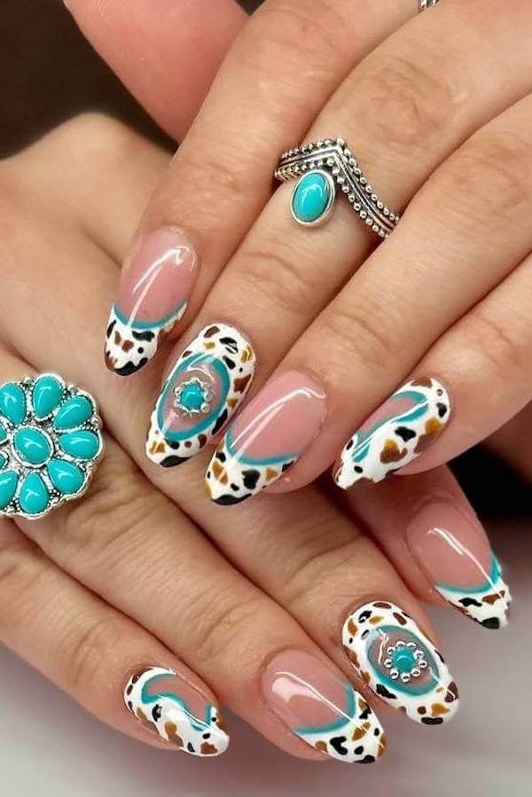 Turquoise Cow Print Western Nails
