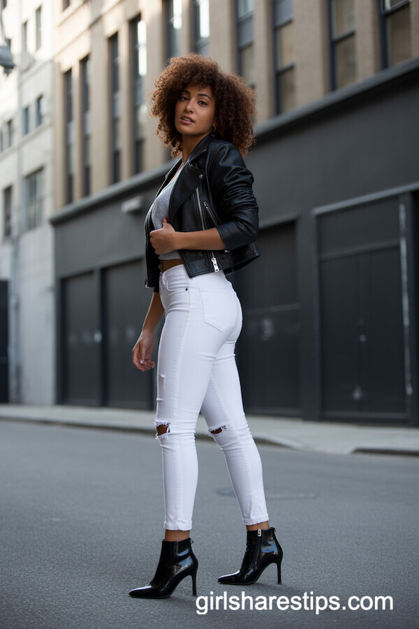 Black Moto Jacket with Ripped White Skinny Jeans
