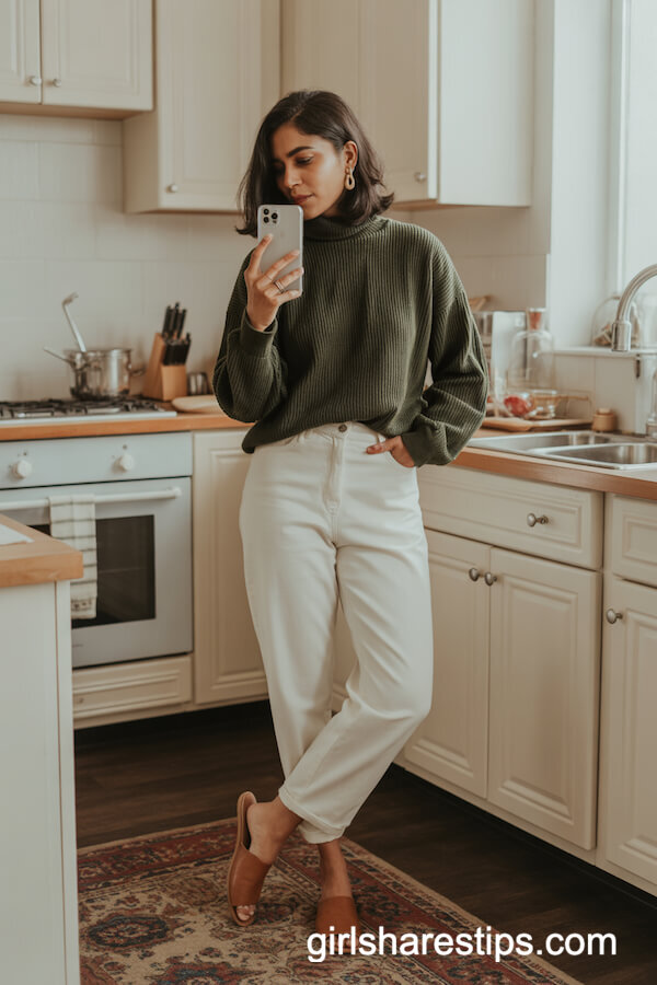Forest Green Chunky Knit with White Jeans