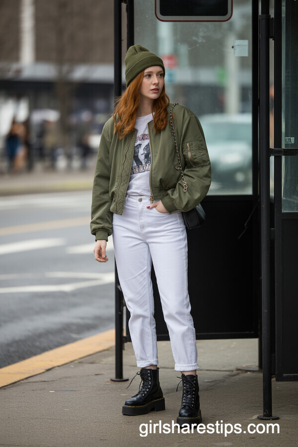 Graphic Tee and Army Green Bomber with White Jeans