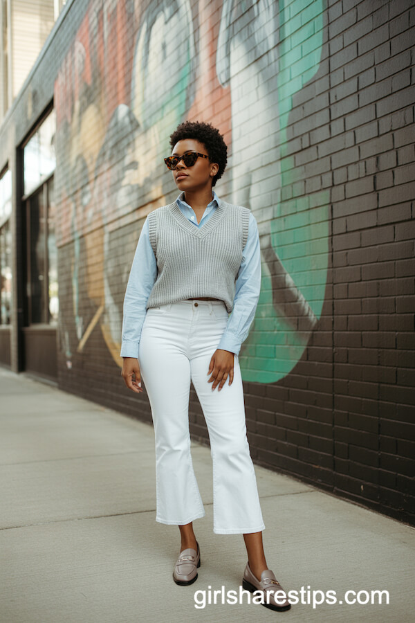 Sweater Vest and White Cropped Flare Jeans