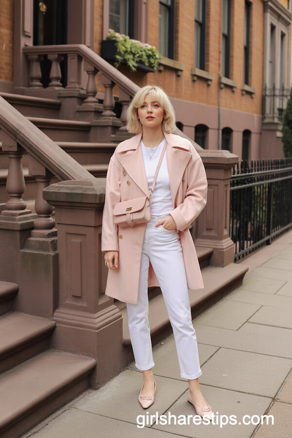 Blush Pink Peacoat with White Jeans