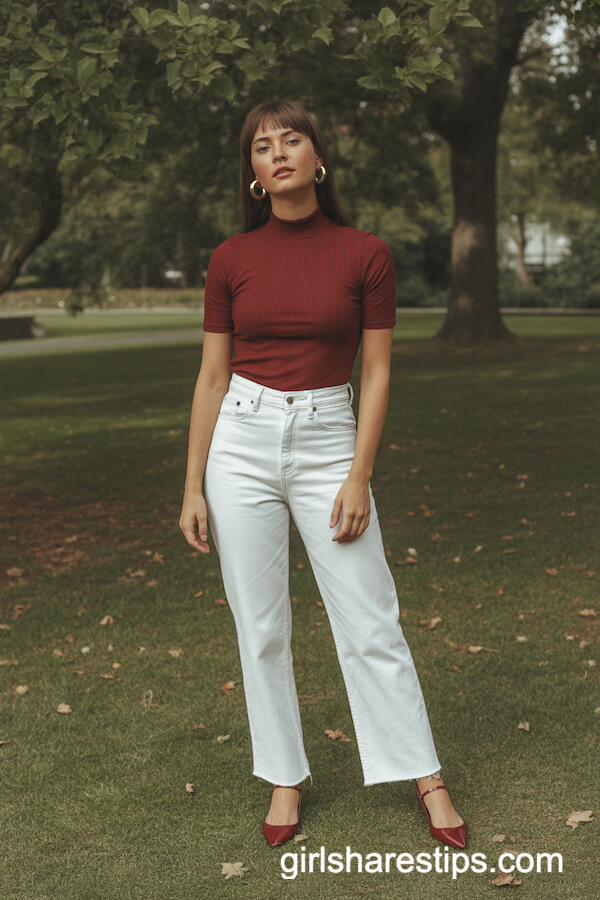 Burgundy Mock-Neck with High-Waisted White Jeans