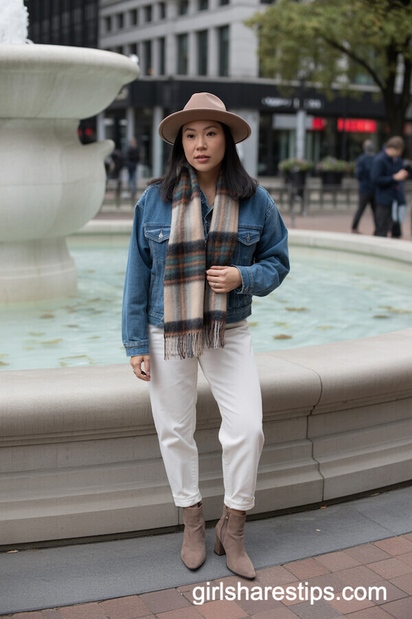 Plaid Scarf and White Boyfriend Jeans
